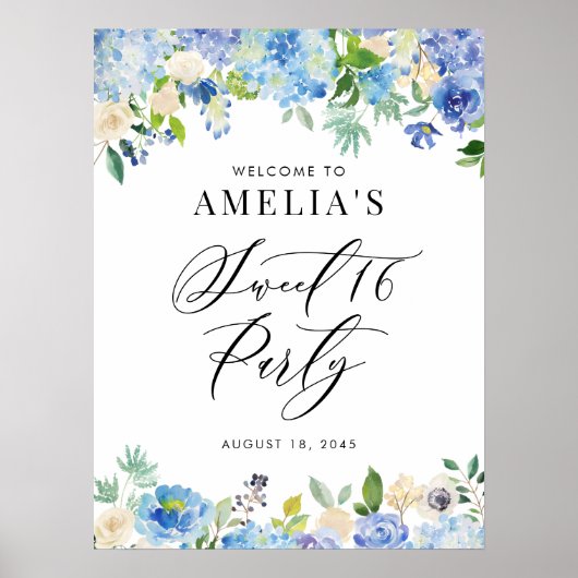 Waterverf Blue Hydrangea Sweet 16 Party Welkom Poster (Voorkant)