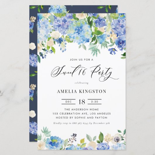 Waterverf Blue Hydrangea Sweet Sixteen Invitation (Voorkant / Achterkant)