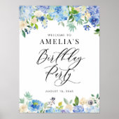 Waterverf Blue Hydrangea Verjaardagsfeestje Welkom Poster (Voorkant)