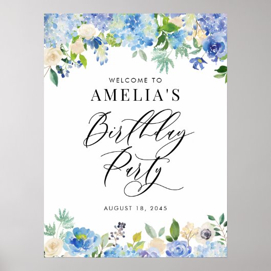 Waterverf Blue Hydrangea Verjaardagsfeestje Welkom Poster (Voorkant)