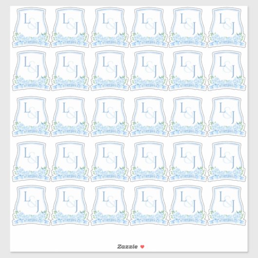 Waterverf Blue Hydrangea Wedding Monogram Sticker (Vel)