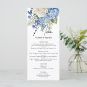 Waterverf Blue Hydrangea White Roses Wedding Menu (Staand voorkant)