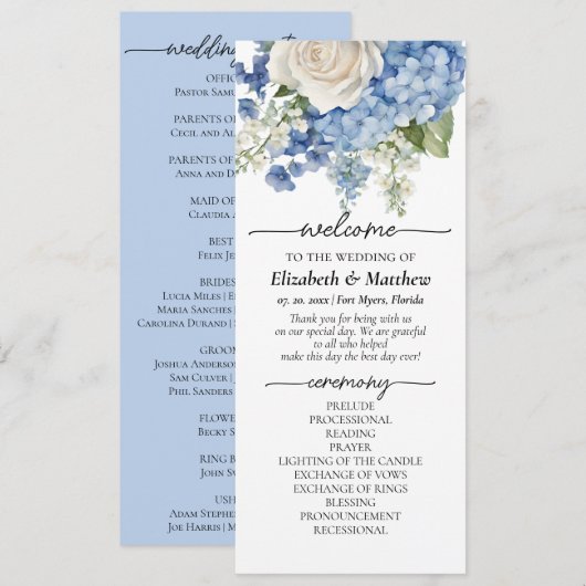 Waterverf Blue Hydrangea White Roses Wedding Programmakaart (Voorkant / Achterkant)