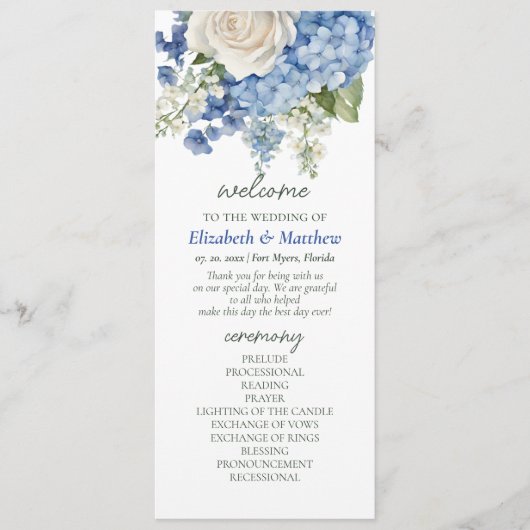 Waterverf Blue Hydrangea White Roses Wedding Programmakaart (Voorkant)