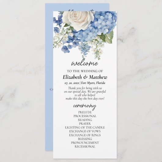 Waterverf Blue Hydrangea White Roses Wedding Programmakaart (Voorkant / Achterkant)