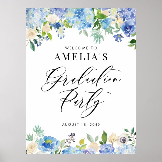 Waterverf Blue Hydrangeas Afstuderen Welkomstteken Poster (Voorkant)