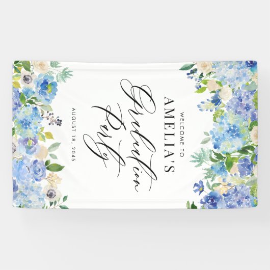 Waterverf Blue Hydrangeas Afstuderen Welkomstteken Spandoek (Horizontaal)