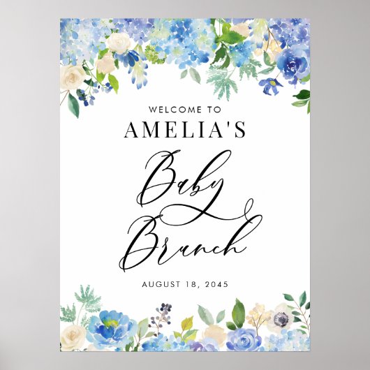 Waterverf Blue Hydrangeas Baby shower Welkom Poster (Voorkant)