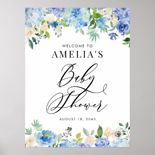 Waterverf Blue Hydrangeas Baby shower Welkom Poster (Voorkant)