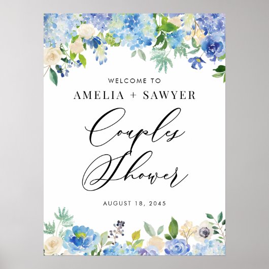 Waterverf Blue Hydrangeas Couples Shower Welkom Poster (Voorkant)
