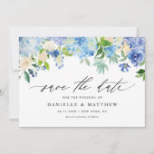 Waterverf Blue Hydrangeas en ivoren Rozen Save The Date (Voorkant)
