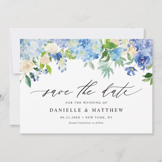 Waterverf Blue Hydrangeas en ivoren Rozen Save The Date (Voorkant)