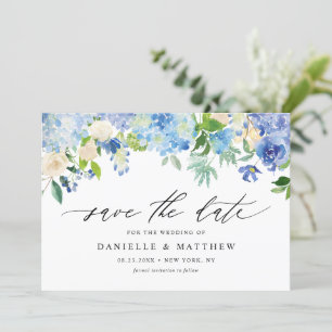 Waterverf Blue Hydrangeas en ivoren Rozen Save The Date