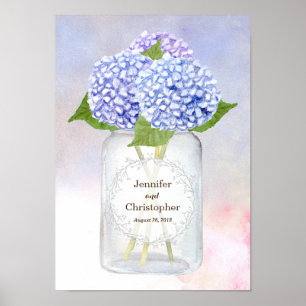 Waterverf Blue Hydrangeas en Mason Jar Wedding Poster