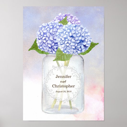 Waterverf Blue Hydrangeas en Mason Jar Wedding Poster (Voorkant)