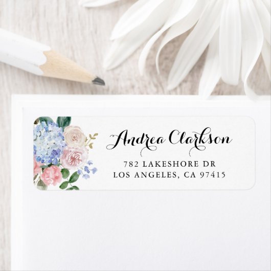 Waterverf Blue Hydrangeas en Roze Manuscript Etiket (Insitu)