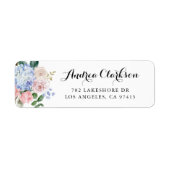 Waterverf Blue Hydrangeas en Roze Manuscript Etiket (Voorkant)