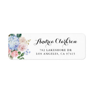 Waterverf Blue Hydrangeas en Roze Manuscript Etiket