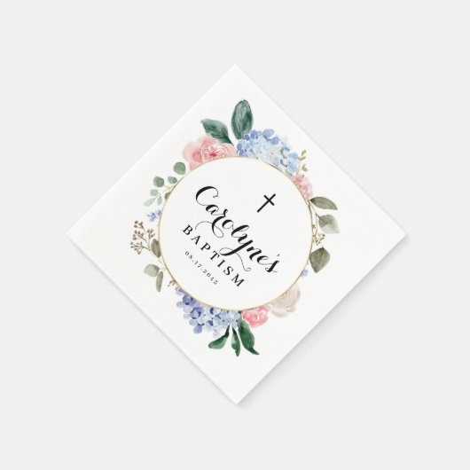 Waterverf Blue Hydrangeas en Rozen Baptisme Servet (Hoek)