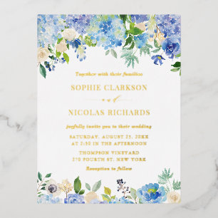 Waterverf Blue Hydrangeas en Rozen Wedding Folie Uitnodiging Briefkaart