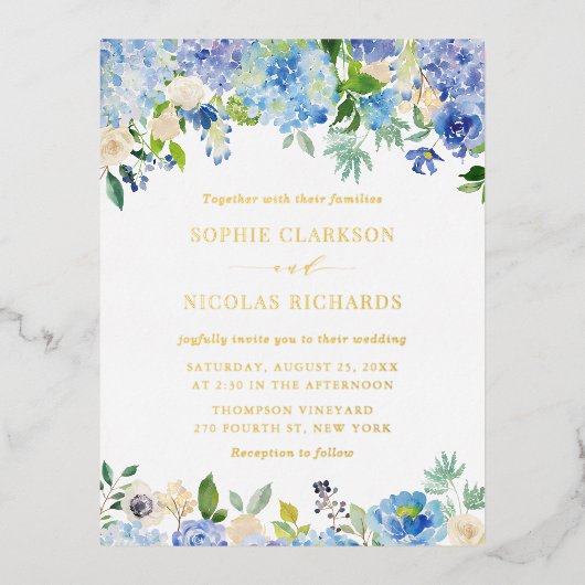 Waterverf Blue Hydrangeas en Rozen Wedding Folie Uitnodiging Briefkaart (Voorkant)