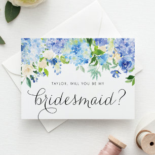 Waterverf Blue Hydrangeas Floral be My Bridesmaid Uitnodiging Briefkaart