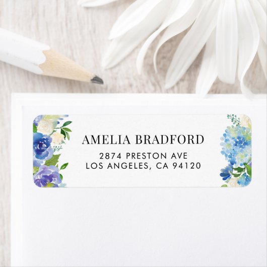 Waterverf Blue Hydrangeas Floral Etiket (Insitu)