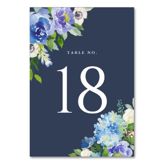 Waterverf Blue Hydrangeas Floral Table Numbers II Kaart (Voorkant)