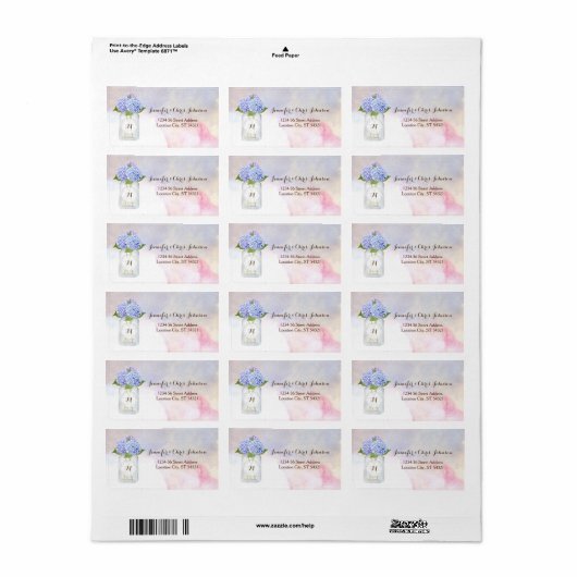 Waterverf Blue Hydrangeas Mason Jar Adres Etiket (Full Sheet)