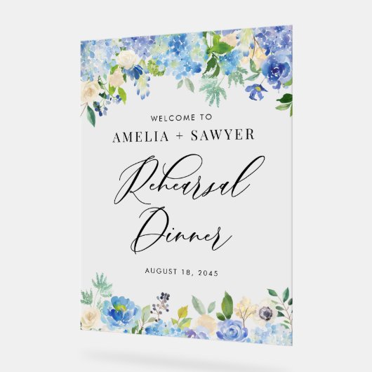 Waterverf Blue Hydrangeas Rehearsal Dinner Acryl Bord (Hoek)