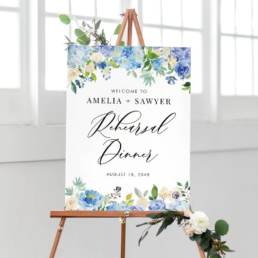 Waterverf Blue Hydrangeas Rehearsal Dinner Poster