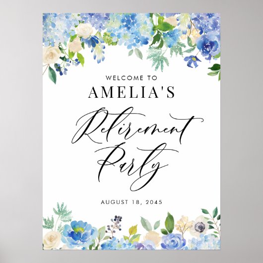 Waterverf Blue Hydrangeas Retirement Welcome Sign. Poster (Voorkant)
