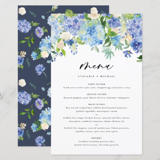 Waterverf Blue Hydrangeas Wedding Menu Kaart (Voorkant / Achterkant)