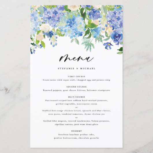 Waterverf Blue Hydrangeas Wedding Menu Kaart (Voorkant)