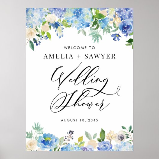 Waterverf Blue Hydrangeas Wedding Shower Welkom Poster (Voorkant)