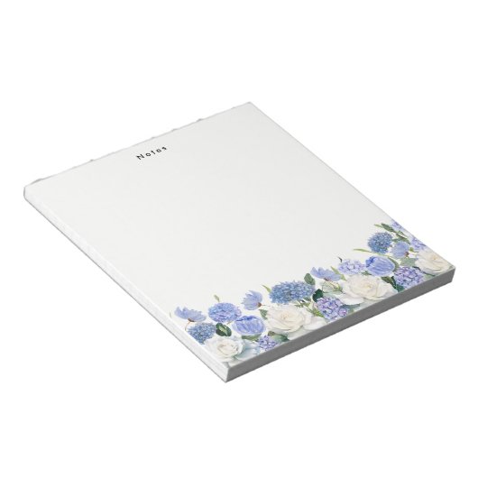 Waterverf Blue Hydrangeas White Rose Gepersonalise Notitieblok (Schuin)