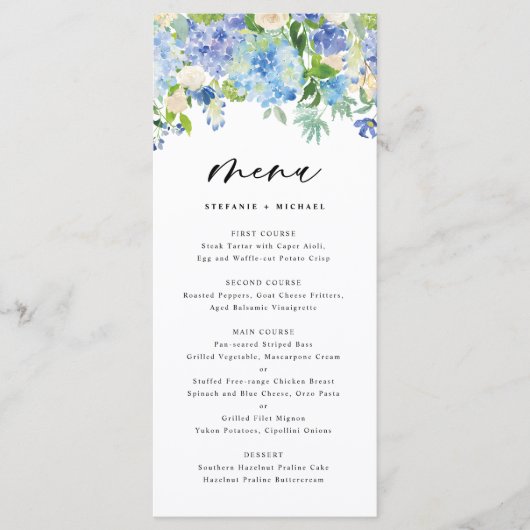 Waterverf Blue Hydrangeas Winter Floral Wedding Menu (Voorkant)