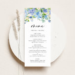 Waterverf Blue Hydrangeas Winter Floral Wedding Menu<br><div class="desc">Voeg een elegant floral accent toe aan uw gebeurtenissenkabel met deze aanpasbare florale menukaart. Het bevat waterverf bloemkool van blauwe en paarse hydrangeas, ivoor-rozen en groen. Pas deze waterverf bloemmenukaart aan door uw eigen gegevens toe te voegen. Deze hydrangea menukaart is perfect voor lente- en winterbruiloften, vrijgezellenfeesten, baby showers en...</div>