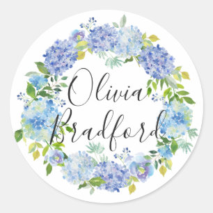 Waterverf Blue Hydrangeas Wreatated Personalized Ronde Sticker