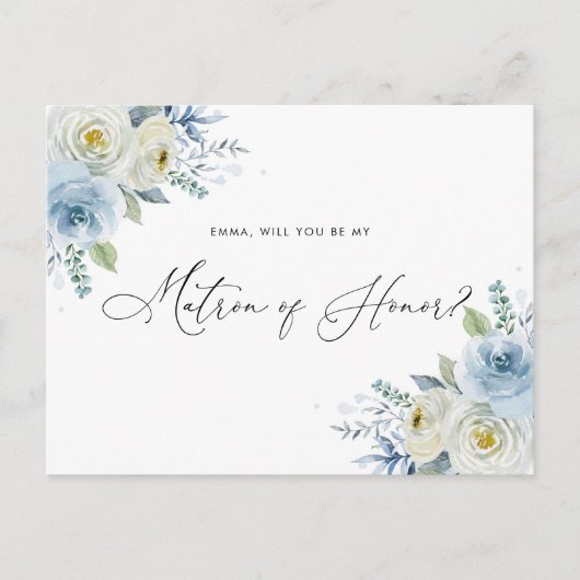 Waterverf Blue & Ivory Rozen Matron of Honor Briefkaart (Voorkant)
