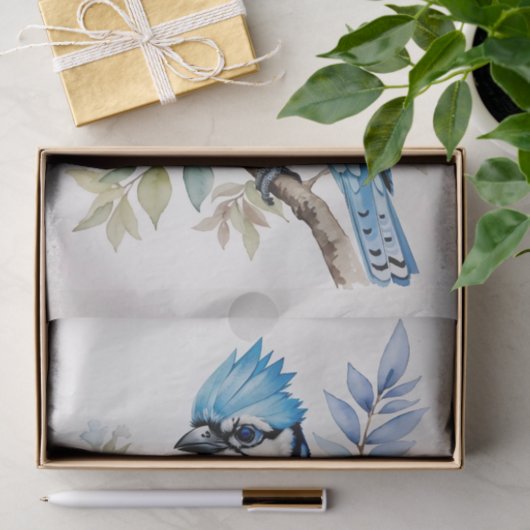 Waterverf Blue Jay Bird op boomtak Tissuepapier (Geschenk)