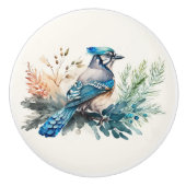 Waterverf Blue Jay Pine Branch Keramische Knop (Voorkant)