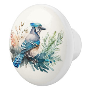 Waterverf Blue Jay Pine Branch Keramische Knop