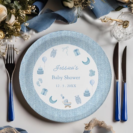 Waterverf Blue Jean Baby Denim Baby shower Papieren Bordje