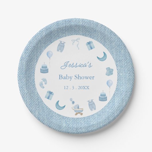Waterverf Blue Jean Baby Denim Baby shower Papieren Bordje (Voorkant)