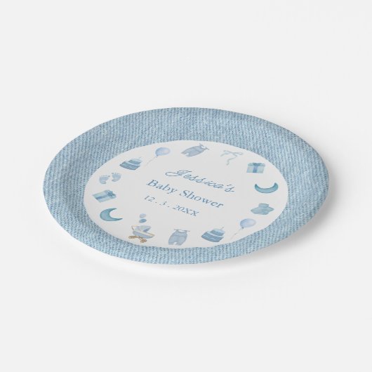 Waterverf Blue Jean Baby Denim Baby shower Papieren Bordje (Gekanteld)