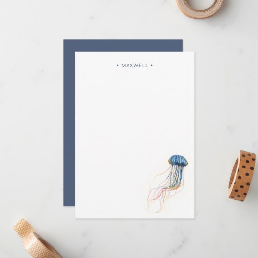 Waterverf Blue Jelly Fish Stationery Note Kaart Notitiekaartje (Voorkant / Achterkant in situ)