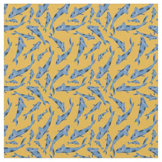 Waterverf Blue Koi Fish Yellow Pattern Stof (Close Up)