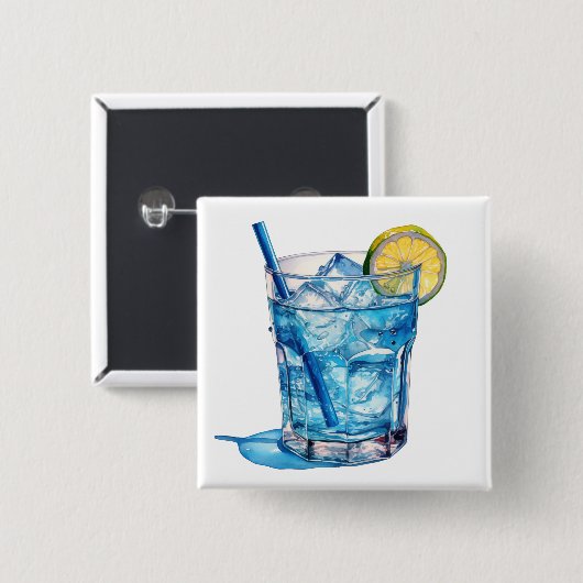 Waterverf Blue Lagoon Cocktail Drink Vierkante Button 5,1 Cm (Voorkant /achterkant)