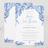 Waterverf Blue Leaves Boy Baptisme 1e verjaardag Kaart (Voorkant / Achterkant)